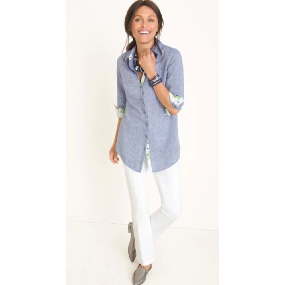 Chico's Women's No Iron Long Sleeve Linen Side-Button Shirt Size 0/US(4/6) - Picture 2 of 14